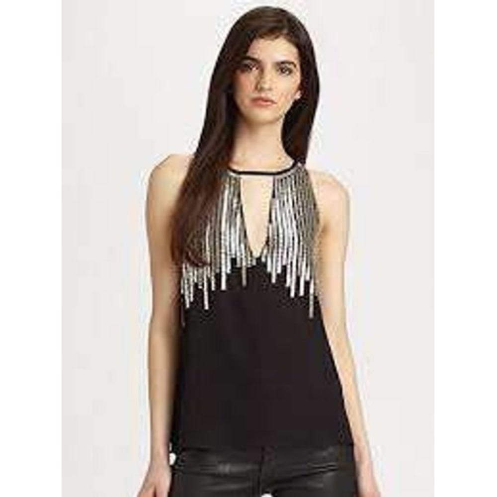 Parker Womens Black Silk Beaded Fringe Keyhole‎ Tank Top Silver Embellished SZ M